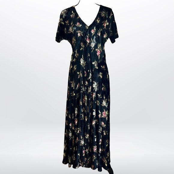 Nostalgia Vintage 1990s Black Floral Velvet Maxi Dress Boho Cottage Core - Picture 1 of 7
